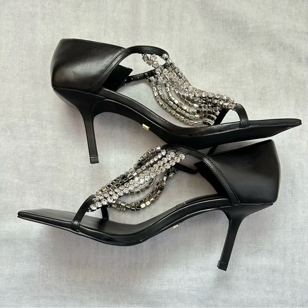 New Zara $129 Rhinestone Square Toe Black Sandals 1343/610 Size 10 RARE - Picture 15 of 16